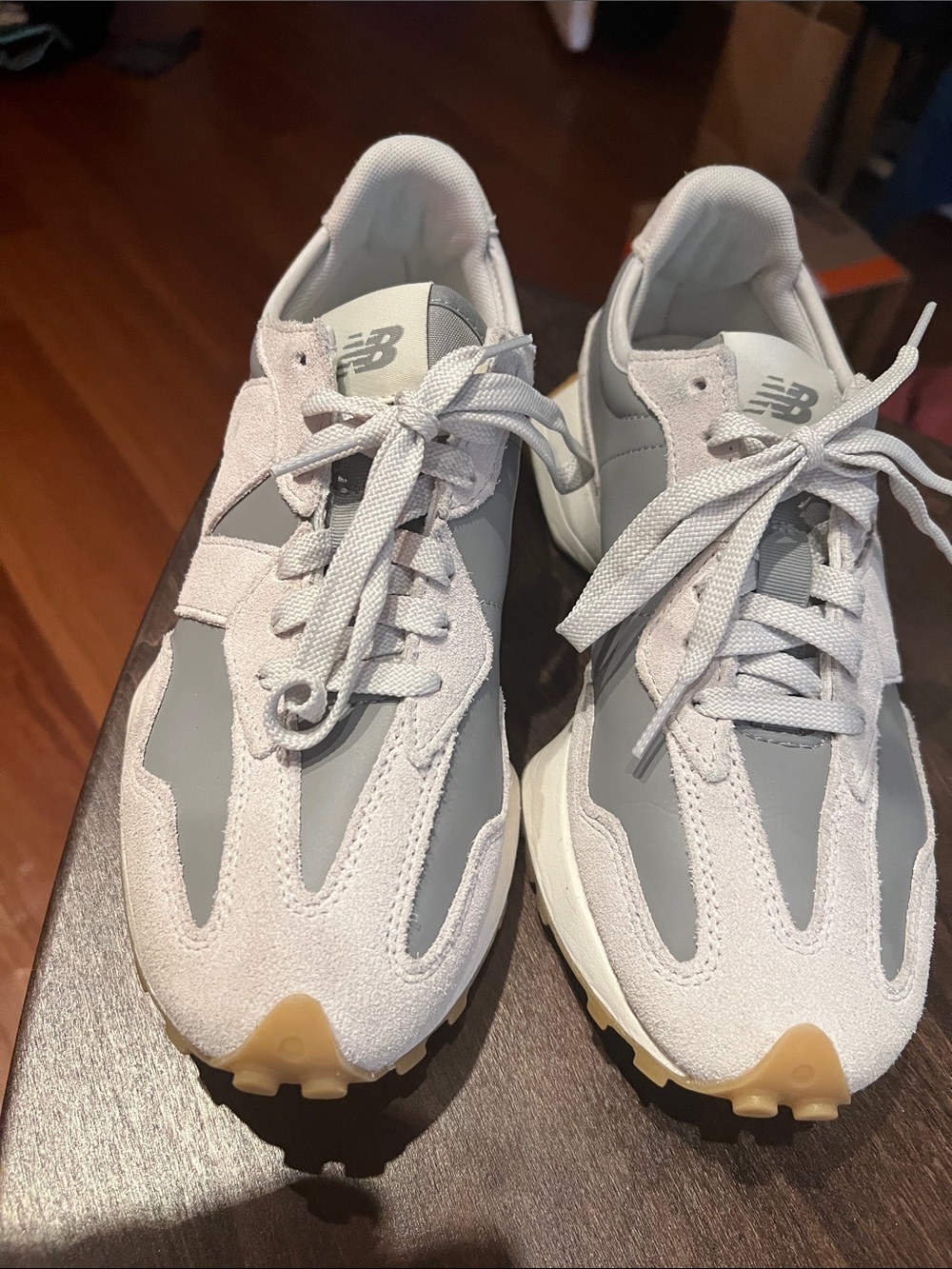 New Balance Women’s 327 Light Grey and Off-White Suede Sneakers Sz 9